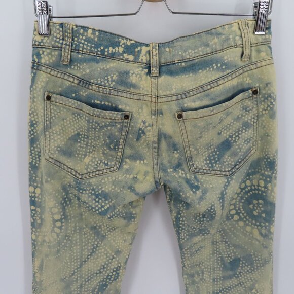 Free People Womens 24 Blue Bleached Dotted Swirl Flare Denim Jeans Pants Pockets - Picture 7 of 13